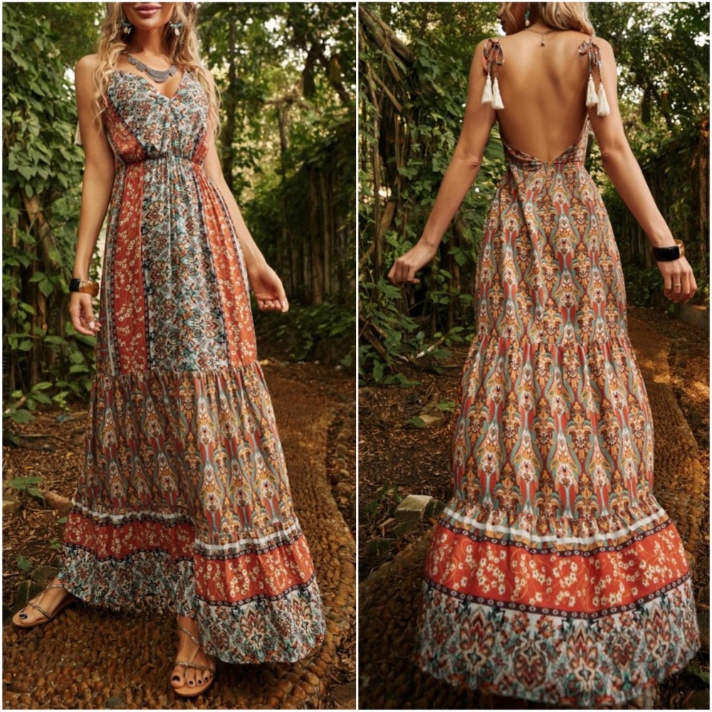 Boho Gypsy Floral Print Tassel Tie Open Back Maxi Dress - Picture 1 of 4